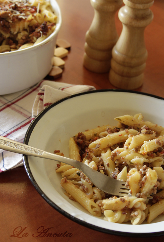 Penne cu carne tocata si branza